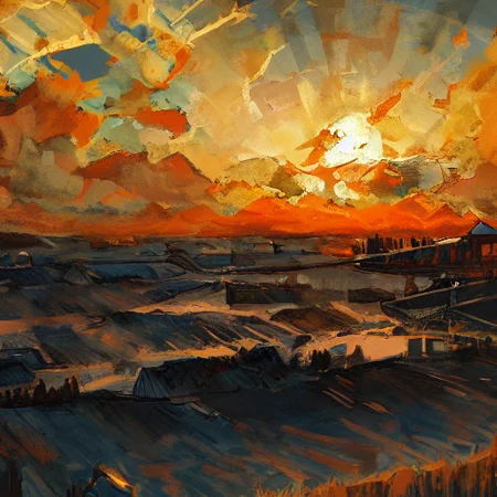 sunset, expressionism, jaggy lines, vivid background, very detailed, trending on artstation