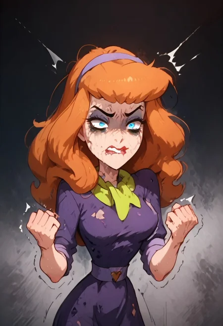 score_9, score_8_up, score_7_up, score_6_up, score_5_up,daphne, daphne blake,1girl, jungle,((((((orgasm)))))), ((((((arousal))))))),((((((horny)))))), ((((((wants sex))))),((((slave)))))),sash,solo, middle breasts, ((((stupor)))), (((catatonic))),dizzy eyes,((((((no face expression ))))), ((((((hit herself by fist)))))),blue eyes, orange long hair, one eye higher than another, twisted mouth, messed hair, messy hair, destroyed face, destroyed body, awful skin face, long hair, makeup, lipstick, young, skinny, narrow waist, fragile, sexy, perfect body,dynamic pose, posing, wounds, hit herself, powerless, extremely tired eyes, ((((((bags under eyes)))))), shiners, stupid, dumb, extremely stupid, extremely dumb, no brain, brain damage, blue eyes, ((((((eye twitching)))))), nervous eye twitching, extremely hard eye twitching, totally burnt hair, sexy, horny, scared, in love, ((((((extremely dirty dress)))))), hardly beaten fifty