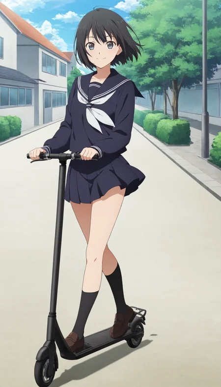 score_9, score_8_up, score_7_up, score_6_up, source_anime, high res, anime coloring, anime screencap,1girl,solo,full body,from front<lora:Scooter_Illustrious:0.7>Scooter,stand on Scooter,school uniform,mini skirt,loafers,black hair,short hair(looking at viewer,smile),modern town,Speed,wind