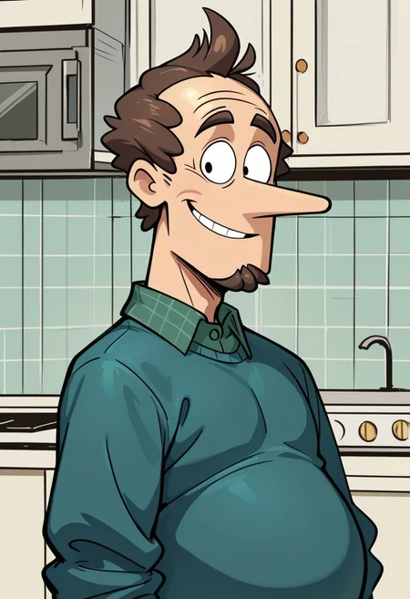 masterpiece, best quality, amazing quality, very aesthetic, absurdres, newest, high quality, detailed, LynnLoudSr, 1boy, source_cartoon, male, solo male, human, broad shoulders, mature male, long nose, black eyes, cartoon style, brown hair, receding hair, belly, bottom heavy, turquoise sweater, green collared shirt, half body, looking at viewer, smiling, kitchen background