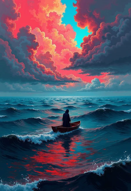 DB4RZ style painting A surreal, corrupted and glitched fantasy landscape featuring a vast, endless ocean with distorted digital waves. In the middle of this surreal expanse floats a small boat, carrying a sole, cloaked figure. The ocean ripples with digital static, glitching between smooth waves and sharp, geometric distortions. Above the water, the sky glitches out into jagged, corrupted clouds that flash between vibrant neon colors and pixelated voids. The grand, ethereal nature of the scene is interrupted by digital noise, corrupted light effects, giving the scene a haunting, otherworldly atmosphere. The landscape warps and distorts, defying the natural order, with jagged bursts of neon color and patches of black void interspersed throughout, creating a dreamlike, glitched-out reality. (corrupted: 2.3) (glitched colors: 2.2)