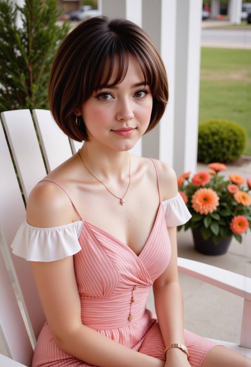 Hyperrealistic, she is smiling, dynamic angles, multiple angles,  she is looking at the camera, photoshoot poses; Gynoidv2,necklace, she has short brown hair, wearing vintage 1950's era verticle striped red and white dress,She is wearing a white off-the-shoulder blouse with ruffled sleeves and,  huge breasts, busty breasts. white sneakers, She is sitting in a white deck chair on a beautiful front porch decorated with flowers,white plank floor ,  creating a focused and dynamic pose.; the scene is set in a beautiful well-lit environment, with a sense of action and adventure.  Style: realistic hyper-detailed rendering, 32k UHD, expressive eyes, punk, graphic design, girl's face, pretty and cute, gleaming lips, telling a tale of adventure. Exuding confidence and serenity. The overall mood of the image is happy and relaxed, detailed skin texture,(blush:0.2),(goosebumps:0.3), subsurface scattering,with a playful and whimsical tone,perfect hand, hand, detailed hand,niji style,retro50s_style,vivid colors