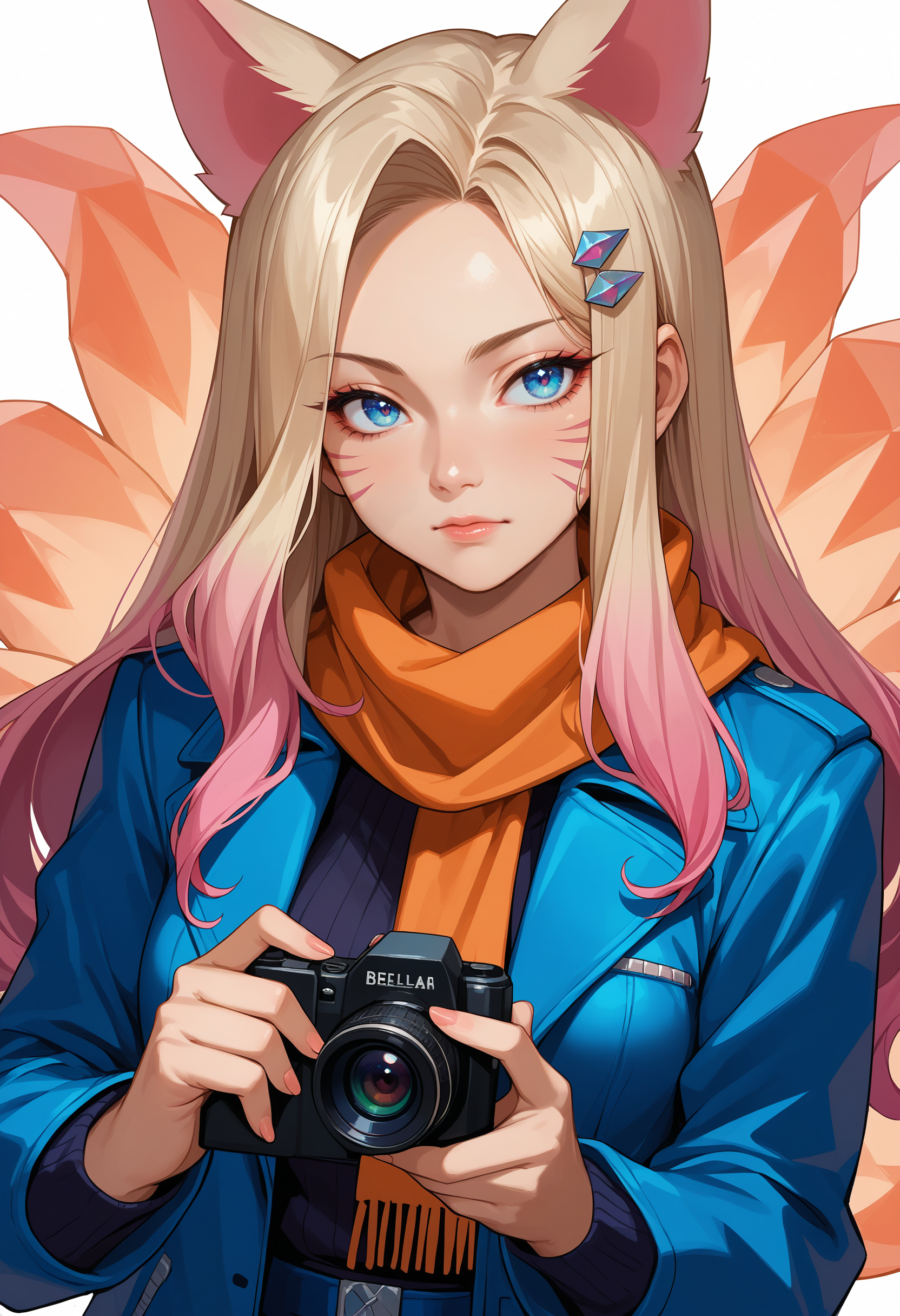 score_9, score_8_up, score_7_up, source_anime, <lora:Ahri_KDAAllOut_pdxl_Incrs_v1:0.8>, ahrikdaallout, animal ears, facial mark, blue eyes, breasts, 
multiple tails, blue tails, 
multicolored hair, long hair, blonde hair, pink hair, hair ornament, 
makeup, 
1girl, blue jacket, camera, holding, jacket, looking to side, orange scarf, scarf, simple background, upper body, white background, holding camera, solo,