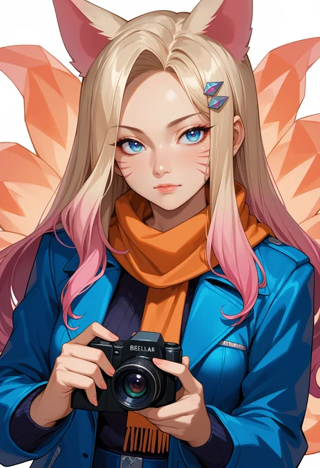 score_9, score_8_up, score_7_up, source_anime, <lora:Ahri_KDAAllOut_pdxl_Incrs_v1:0.8>, ahrikdaallout, animal ears, facial mark, blue eyes, breasts,
multiple tails, blue tails,
multicolored hair, long hair, blonde hair, pink hair, hair ornament,
makeup,
1girl, blue jacket, camera, holding, jacket, looking to side, orange scarf, scarf, simple background, upper body, white background, holding camera, solo,