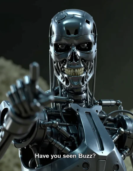 <lora:T800:0.80> A close up of T800 robot extending his arm, pointing his finger at the viewer saying "Have you seen Buzz?"