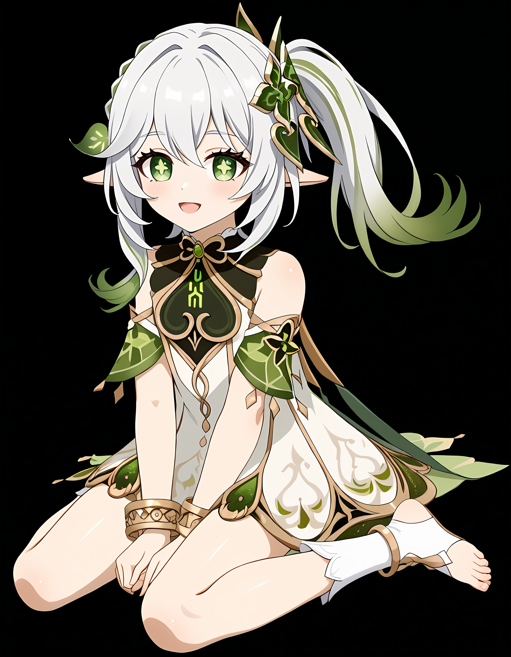<lora:Nahida_Pony:1>nahida_genshin_impact, pointy ears, side ponytail, multicolored hair, white hair, green hair, gradient hair, green eyes, symbol-shaped pupils, hair between eyes,
jewelry, bracelet, detached sleeves, white dress, toeless footwear, 
sitting, looking at viewer, happy