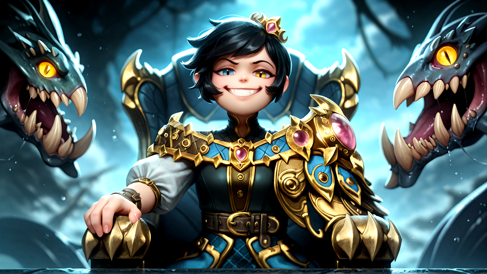 best quality, amazing quality, absurd res, best resolution, very aesthetic, 4k, latest, (Detailed face: 1.8), (detailed background:1.1) ,
 <lora:Scylla_Charybdis_Smite_for_Illustrious:1> (1girl, charybdis, charybdis_outfit, black hair, short hair, heterochromia, charybdis_tiara, charybdis_armor, charybdis_monster_arm,)
sitting in chair, 2 dog-dragons, looking at viewer, smirk, smug, grin, slit pupils,