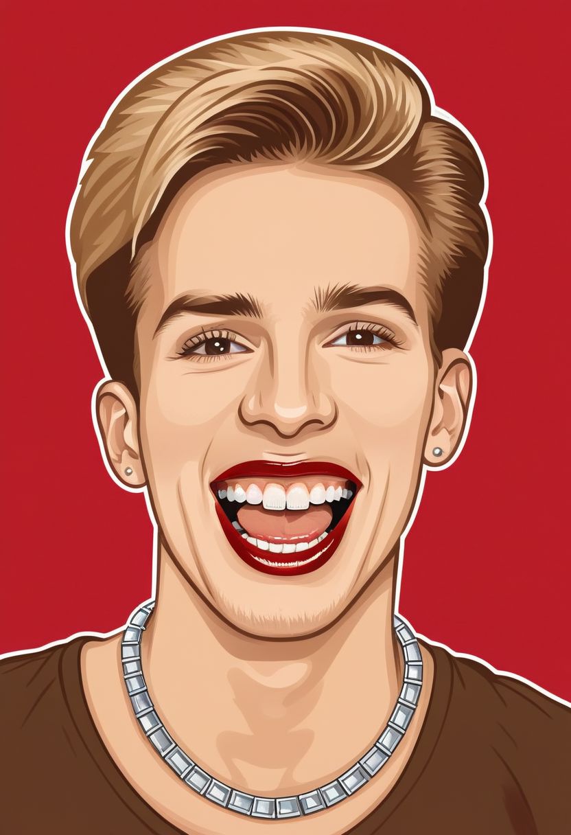 psztzz, 1boy, male focus, solo, portrait, blonde hair, white border, necklace, looking at viewer, teeth, mole, border, red background, jewelry, makeup, mole under mouth, shirt, open mouth, brown hair, lipstick, smile, portrait, vector art, flat coloring, cel shaded, cel shading, illustration, vector illustration, vector coloring
