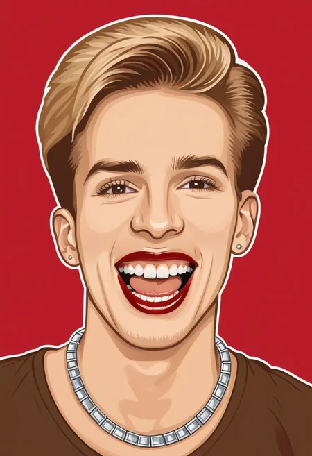 psztzz, 1boy, male focus, solo, portrait, blonde hair, white border, necklace, looking at viewer, teeth, mole, border, red background, jewelry, makeup, mole under mouth, shirt, open mouth, brown hair, lipstick, smile, portrait, vector art, flat coloring, cel shaded, cel shading, illustration, vector illustration, vector coloring