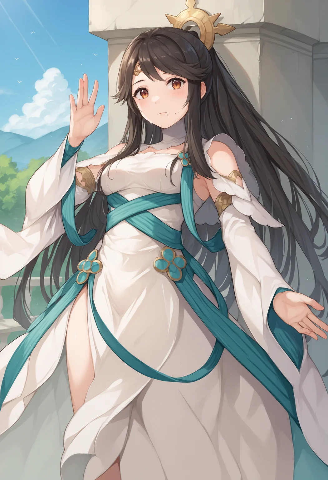 score_9, score_7_up, source_anime, uncensored, 1girl,
<lora:spfequeenMikotoXLPony:1> mikotocr, mole under mouth, hair ornament, white dress, detached sleeves