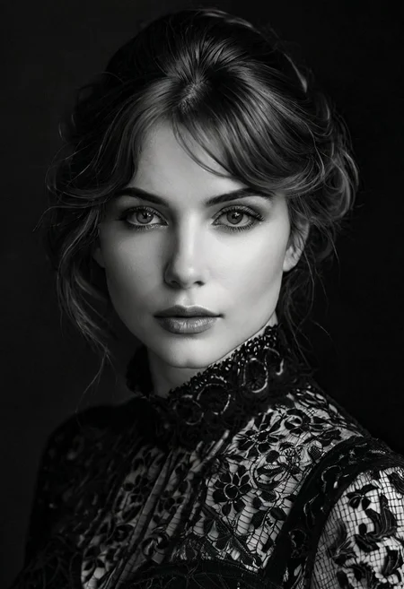 A highly detailed, black-and-white, silhouette, closeup, professional photo portrait of a young woman with a delicate, almost otherworldly beauty. She has fair, porcelain-like skin and striking almond-shaped eyes framed by long, dark lashes that draw attention to her gaze. Se is looking to the left, away from viewer. Her hair is voluminous and styled in an elegant updo, with soft, loose strands falling around her face to soften her features. Her lips are full and slightly parted, lending a subtle, sultry allure to her expression. She wears a form-fitting, high-necked top made of delicate, fishnet fabric, which accentuates her slender physique and adds a touch of subtle sensuality. The background is pitch black, with smoke behind the woman, creating a dramatic contrast with her light skin and hair, drawing the viewerâs focus entirely onto her. The lighting, hitting only one side of her face, is hard in chiaroscuro style, giving depth to her features and an air of mystery. The overall style blends gothic and fantasy influences, with a strong emphasis on realism and a refined sense of elegance and enigma.