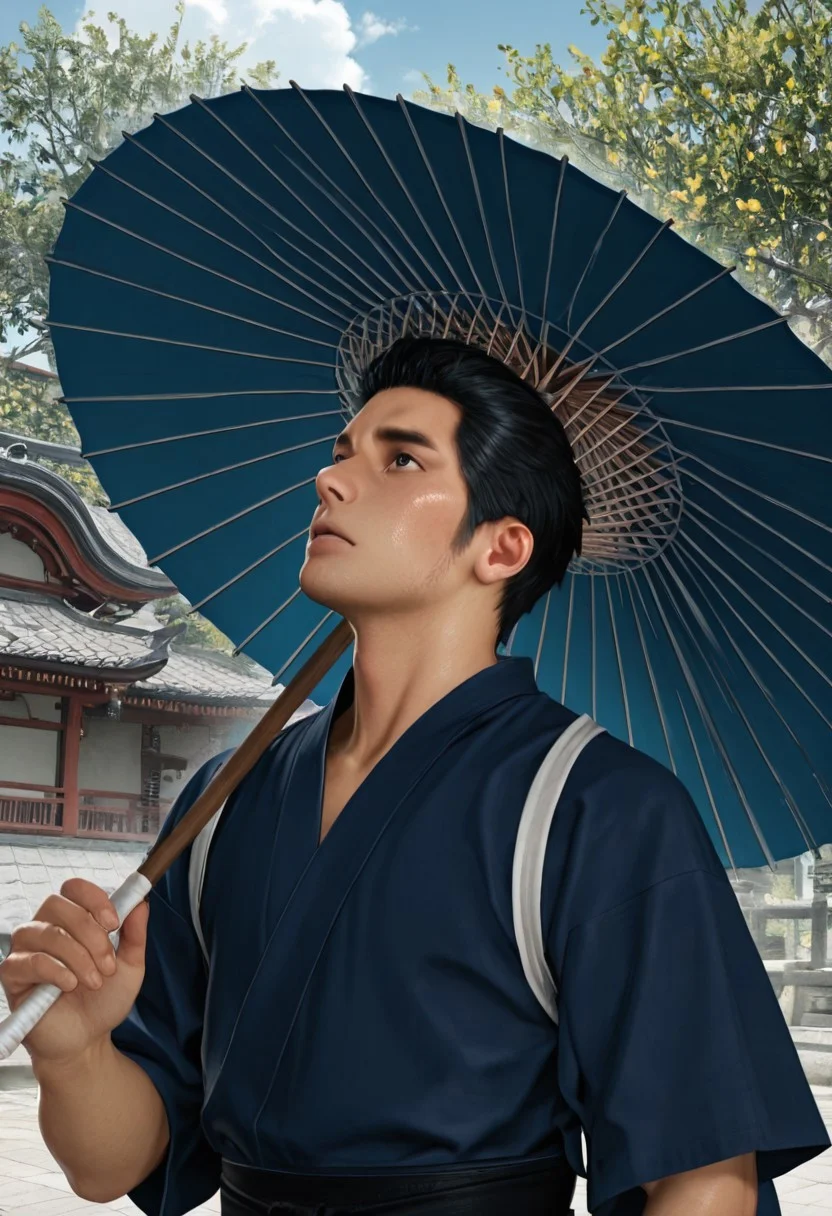 masterpiece, best quality, amazing quality, absurdres, newest, detailed background, definition so sharp, Ultra-HD, 8K cinematic, very awa, impressionate, amazing quality, highres, realistic,
solo, male focus, manly, day, sunbeam, garden sakura tree, blue sky, cloud, chinese architecture,
kiryuchan, kiryuchan_black hair, kiryuchan_black eyes, 1boy, solo, male focus, short hair, facial hair, sideburns, blue kimono, black sash, white tasuki, holding umbrella, oil-paper umbrella, looking up, windy