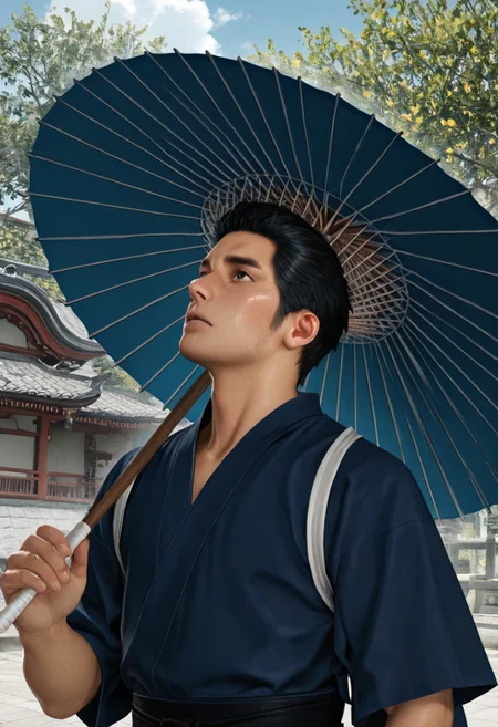masterpiece, best quality, amazing quality, absurdres, newest, detailed background, definition so sharp, Ultra-HD, 8K cinematic, very awa, impressionate, amazing quality, highres, realistic,
solo, male focus, manly, day, sunbeam, garden sakura tree, blue sky, cloud, chinese architecture,
kiryuchan, kiryuchan_black hair, kiryuchan_black eyes, 1boy, solo, male focus, short hair, facial hair, sideburns, blue kimono, black sash, white tasuki, holding umbrella, oil-paper umbrella, looking up, windy