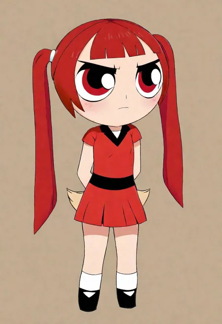 masterpiece, best quality, a girl, ppg, powerpuff girl style,<Lora:Ami_arakawa:.7>,red eyes,red shirt, long hair, hands in front, missing hand, powerpuff girl style hands, holding knife, nub hands