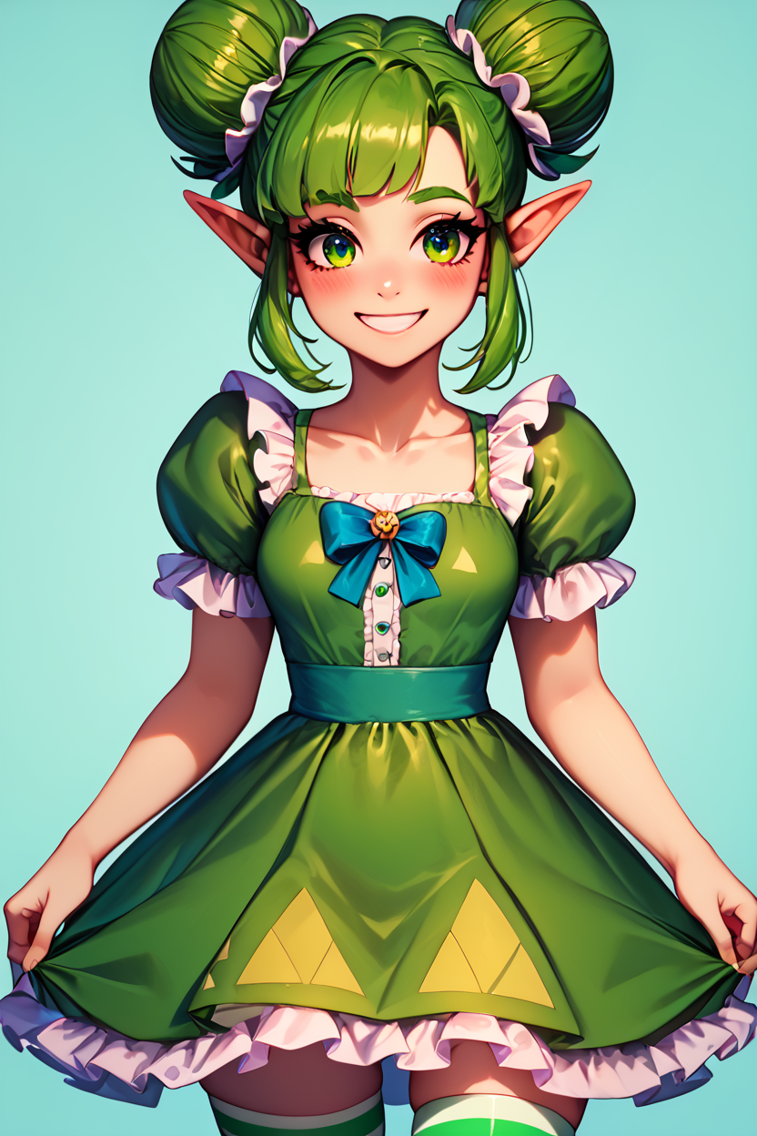 score_9, score_8_up, score_8, medium breasts, (curvy), cute, eyelashes,       BREAK, , zzFarore, green eyes, green hair, double bun, pointy ears,  bangs, green dress, collarbone, short sleeves  <lora:Farore_Zelda_PDXL:0.5>, , BREAK, closed mouth, alternate costume, smile, looking at viewer, blush,  zzLFashion, frilled dress, frills, bow, dress, striped thighhighs, sweetL, cowboy shot,  embedding:zPDXL, Expressiveh,  <lora:Vivid:0.7>,  <lora:LFashionPDXL:1>,  <lora:Uncensored_PonyXL_cpt_v02.09:0.4>,  <lora:Expressive_H-000001:0.4>,