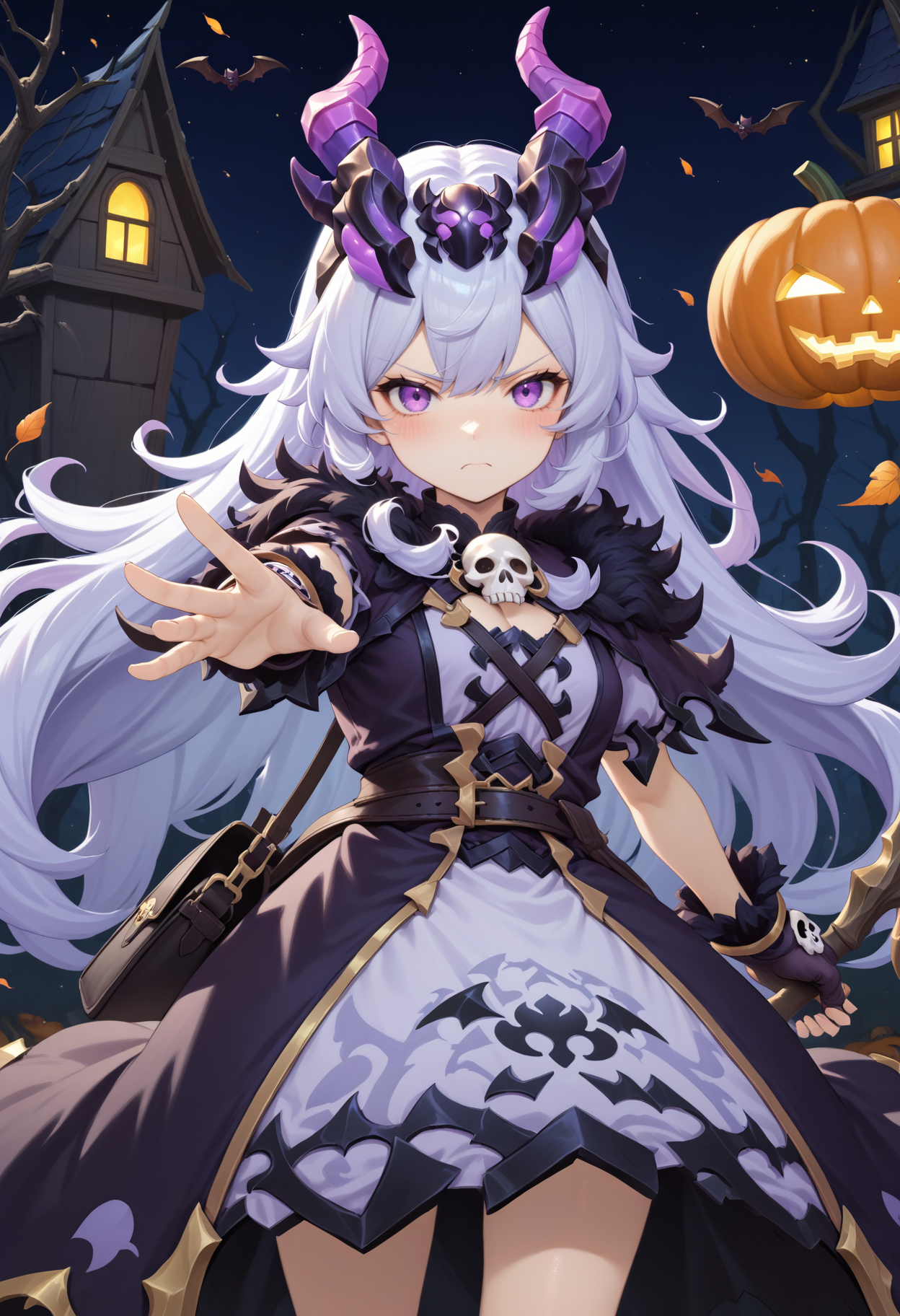 masterpiece, best quality, very aesthetic, absurdres, rom_hela_xl,
1girl, purple hair, horns, purple eyes, grumpy, skull on chest, purple dress, fingerless gloves, saddlebag, 
holding staff, fighting stance, 
haunted house, withered trees, bats, halloween, pumpkin,
outdoors, (wind, falling withered leaves, light particles:1.4), light rays, tyndall effect, vivid colors, tranquil and magical atmosphere,
shiny skin, beautiful face, beautiful eyes, extreme detailed, official art, professional illustration, hires,
<lora:rom_hela_xl:1>, <lora:aesthetic_anime_v1s:0.5>, <lora:add_details_xl:0.5>