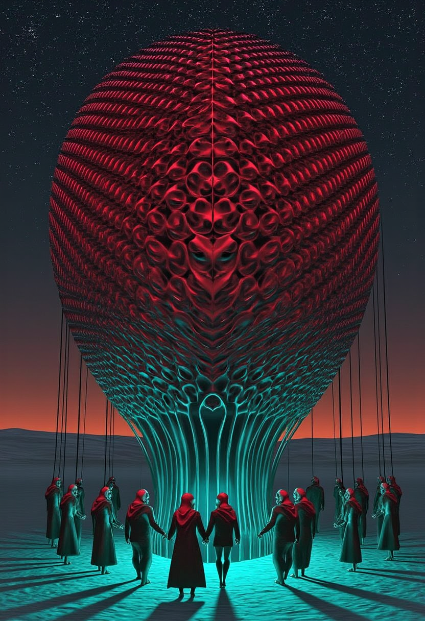 intricate yfg-patt3rn of, Red skinned figures with burkas are standing in a circle with their heads down holding hands. They are all connected to large machine that has 100 eyes and are glowing red. They are in a desert at nighttime but the sand glows turquoise.