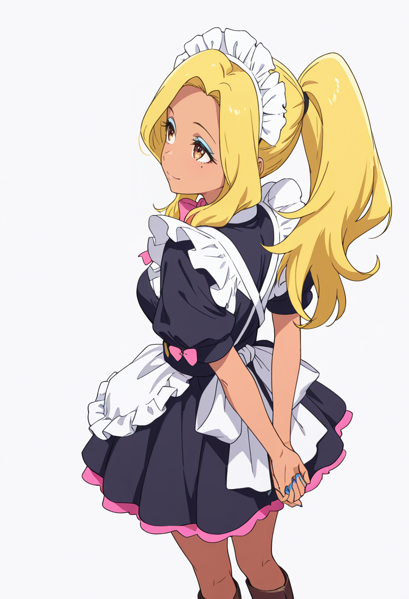 Smooth Quality,masterpiece,very intricate, high quality details, ultra realistic, high detailed skin,detailed enviorement,absurdres,
 <lora:Gotou_Shino_Shiipon_CNR:0.8> gotou_cnr, blonde hair,long hair, ponytail, brown eyes, dark-skinned female, mole, nail polish, eyeshadow,gotou_maid_cnr,maid, maid headdress, maid apron,black dress, short dress,puffy short sleeves, boots, frills,pink bowtie,, simple background, white background, from behind,solo,
standing, arms behind back, looking up, calm expression, relaxed posture,  ,, ;),