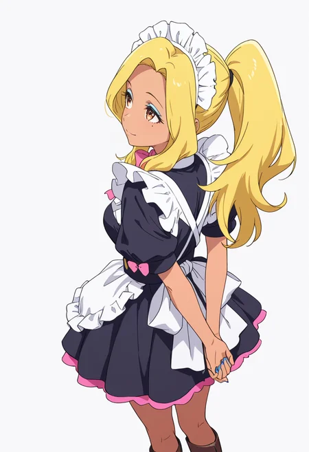Smooth Quality,masterpiece,very intricate, high quality details, ultra realistic, high detailed skin,detailed enviorement,absurdres,
 <lora:Gotou_Shino_Shiipon_CNR:0.8> gotou_cnr, blonde hair,long hair, ponytail, brown eyes, dark-skinned female, mole, nail polish, eyeshadow,gotou_maid_cnr,maid, maid headdress, maid apron,black dress, short dress,puffy short sleeves, boots, frills,pink bowtie,, simple background, white background, from behind,solo,
standing, arms behind back, looking up, calm expression, relaxed posture,  ,, ;),