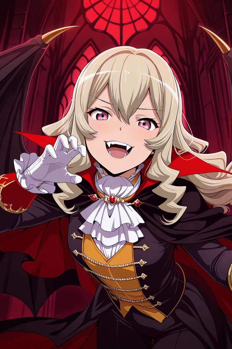 masterpiece, best quality, amazing quality,
 <lora:Claudine_IL:1> claudine, 1girl, long hair, solo, gloves, white gloves, white ascot, hair between eyes, looking at viewer, open mouth, ascot, smile, wings, long sleeves, fangs, blonde hair, dracula