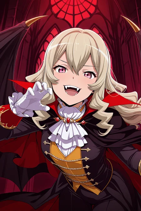 masterpiece, best quality, amazing quality,
 <lora:Claudine_IL:1> claudine, 1girl, long hair, solo, gloves, white gloves, white ascot, hair between eyes, looking at viewer, open mouth, ascot, smile, wings, long sleeves, fangs, blonde hair, dracula