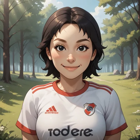 score_9, score_8, BREAK, solo, wii, mii, white skin, black hair, black eyes, dot eyes, brown eyebrows, small nose, blush, smile, RiverPlate, striped shirt, striped, shirt, white shirt, short sleeves, clothes writing, sportswear, soccer uniform, breasts, 1girl, female mii, wii sports, cute, Rin_(\Wii_Sports\), Nintendo Mii, modern_mii, classic_mii, adult female, mature female, sexy pose, self portrait, smile, outdoors, sunlight, shadows, evening lighting, natural lighting, forest, trees, grass, orange sky, sunset
