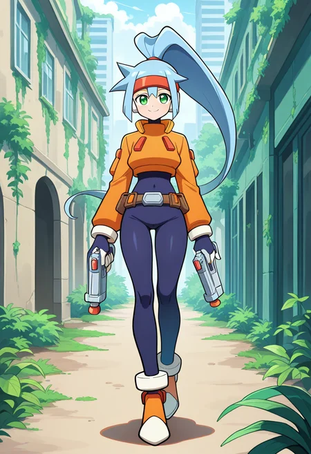 1girl, solo, ashemmzxa, blue hair, long hair, high ponytail, headband, green eyes, robot ears, bodysuit, crop top, long sleeves, white bracelet, belt, high heels, holding pistol, outdoors, old city, vegetation, overgrown, smile, straight-on, walking, looking at viewer,