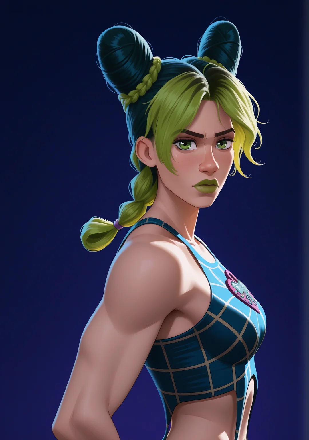 1girl,<lora:spdmatsvsty:1>,spdmatsvsty,upper body,looking at viewer,hip hop,kujo jolyne,dynamic pose,