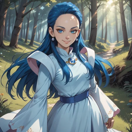 score_9, score_8, BREAK, solo, 1girl, solo, kiryuu kaoru, blue hair, long hair, forehead, blue eyes, eyelashes, blue earings, jewelry, light blue dress, long sleeves, juliet sleeves, brooch, blue belt, blue pantyhose, white boots, white footwear, sexy pose, self portrait, smile, outdoors, sunlight, shadows, evening lighting, natural lighting, forest, trees, grass, orange sky, sunset