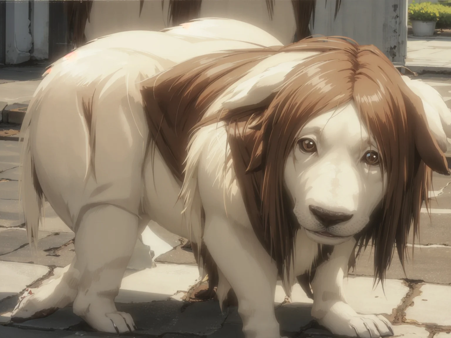 <lora:nina:0.8>,
white dog,(brown hair:1.2),day,city,