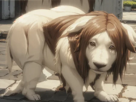 <lora:nina:0.8>,
white dog,(brown hair:1.2),day,city,