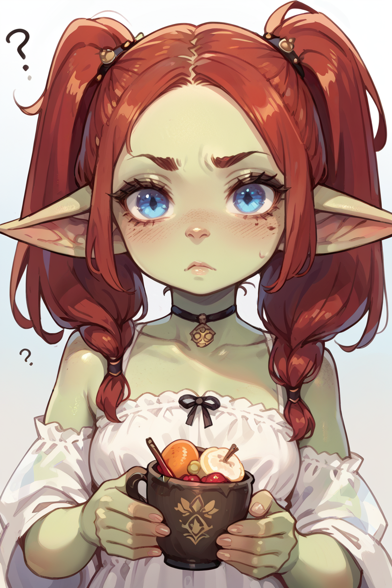 score_9,score_8_up,score_7_up,score_6_up,score_5_up,score_4_up,
 <lora:Goblin:1>
1girl, goblin, cute, small, petite, green skin, long ears, pointy ears, confused, blue eyes, red hair, twintails, looking at viewer,