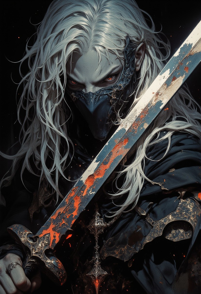 A close-up shot of a mysterious figure with long, unkempt silver hair falling in loose strands over their face, partially obscured by a torn black mask. The figure's crimson-red eye glows faintly in the dim light, piercing through the darkness with an eerie intensity. Their other eye is hidden by shadow or hair, adding to the enigmatic aura. They grip a katana in one hand, the blade worn and tarnished with streaks of fresh blood, glowing faintly with an unnatural red energy that pulses like embers burning in the dark. The katana's edge glistens, its surface etched with faint, ancient runes barely visible under the blood.
The framing is tight and intimate, focused primarily on their face and the menacing blade, leaving the background in pure black to heighten the drama. Small scratches and scars mark their pale skin, telling a story of countless battles.
Subtle wisps of shadow-like smoke coil from their form, swirling gently in the surrounding void. The composition evokes a sense of tension and danger, capturing a fleeting moment before a decisive strike or a cryptic revelation.