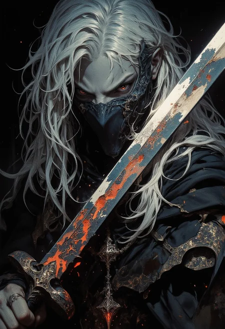A close-up shot of a mysterious figure with long, unkempt silver hair falling in loose strands over their face, partially obscured by a torn black mask. The figure's crimson-red eye glows faintly in the dim light, piercing through the darkness with an eerie intensity. Their other eye is hidden by shadow or hair, adding to the enigmatic aura. They grip a katana in one hand, the blade worn and tarnished with streaks of fresh blood, glowing faintly with an unnatural red energy that pulses like embers burning in the dark. The katana's edge glistens, its surface etched with faint, ancient runes barely visible under the blood.
The framing is tight and intimate, focused primarily on their face and the menacing blade, leaving the background in pure black to heighten the drama. Small scratches and scars mark their pale skin, telling a story of countless battles.
Subtle wisps of shadow-like smoke coil from their form, swirling gently in the surrounding void. The composition evokes a sense of tension and danger, capturing a fleeting moment before a decisive strike or a cryptic revelation.
