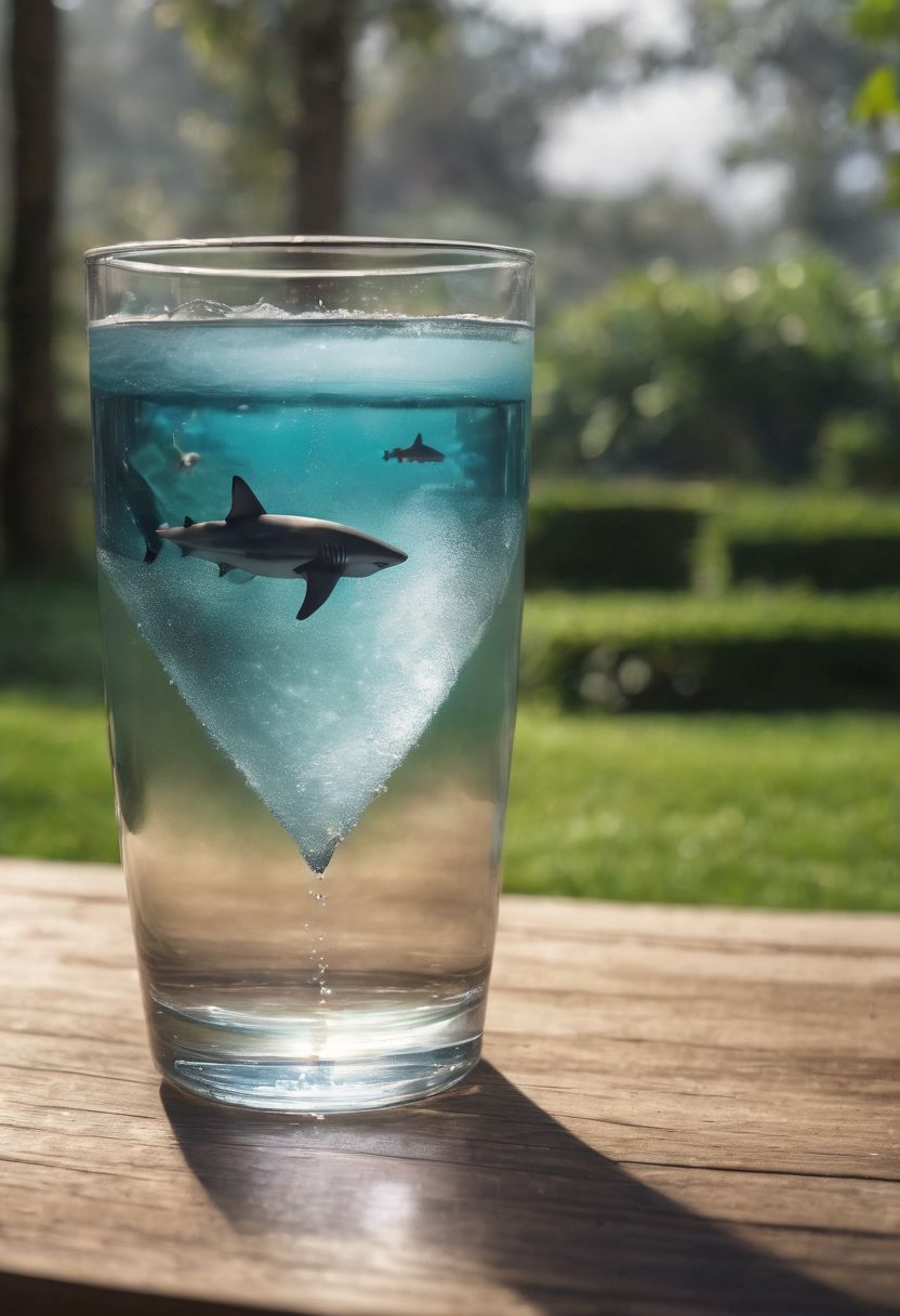 Capture a stylish scene featuring a translucent/transparent pastel-blue/purple gradient glass of water with a little photorealistic shark in it. The glass, filled with fresh, cold, sparkling water, should be the focal point, with bubbles lightly rising within. Place it on a table outdoors in a garden. The background should be blurred to emphasize the clarity and elegance of the glass.
very detailed, hd, RAW photograph, masterpiece, top quality, best quality, official art,highest detailed, atmospheric lighting, cinematic composition, complex multiple subjects, 4k HDR, vibrant, highly detailed, Leica Q2 with Summilux 35mm f/1.2 ASPH, Ultra High Resolution, wallpaper, 8K, Rich texture details, hyper detailed, detailed eyes, detailed background, epic composition, high quality , (8k, RAW photo, highest quality), hyperrealistic,