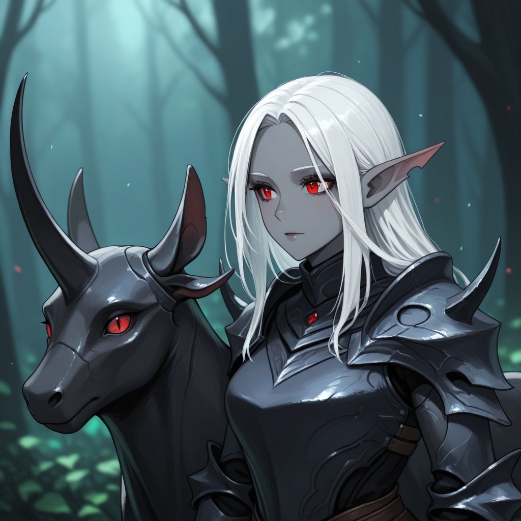 1girl,, Changeling, gray skin, red eyes, pointed ears. white hair, dark eyelids, 1girl, Armor, Outdoor, fantasy background, nature, blurred background,