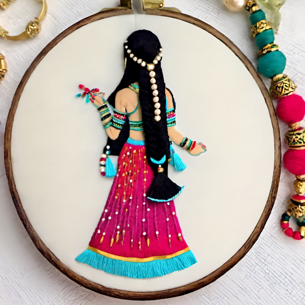 embrodarythreadart, girl, long hair, skirt, black hair, white background, jewelry, bracelet, from behind<lora:embrodary_thread_art:1>
