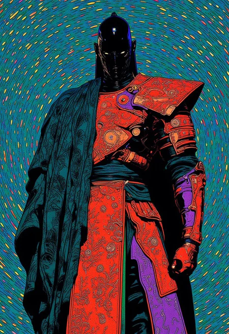 A hyper-realistic, detailed digital artwork, HD, 8K quality, masterpiece, award-winning, featuring an athletic, tall man standing in a Michelangelo-inspired human pose, exuding strength and aesthetic elegance, facing the viewer directly. He is dressed in a striking fusion of avant-garde fashion and medieval Japanese warrior robes, with a vibrant twist: a flowing kimono-like upper robe crafted from shimmering teal silk, adorned with asymmetric crimson and gold embroidery in abstract wave patterns, paired with an armored chest plate of reflective obsidian black, sculpted into futuristic angular motifs. The sleeves taper into layered, exaggerated cuffs in gradient hues of amethyst purple and molten orange, while his hakama pants feature segmented armor pieces in neon green and luminous cobalt blue, adding a contemporary edge. The outfit is accentuated with a wide, cinched sash belt in radiant magenta with intricate floral embossments. Behind him, a mesmerizing teal background is overlaid with a hypnotic spiral optical illusion, composed entirely of colorful neon dots: electric blue, vivid magenta, blazing yellow, lime green, fiery orange, soft lavender, cyan, ruby red, bright turquoise, goldenrod, shocking pink, chartreuse, and glowing white. The intricate contrast between his powerful form, innovative attire, and dynamic backdrop creates a surreal, unforgettable visual masterpiece.