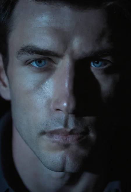 (Moonlit lighting:1.1) A close-up of a mysterious man's face, with soft shadows highlighting his sharp features, the light reflecting in his intense eyes, cool tones creating a calm yet enigmatic atmosphere