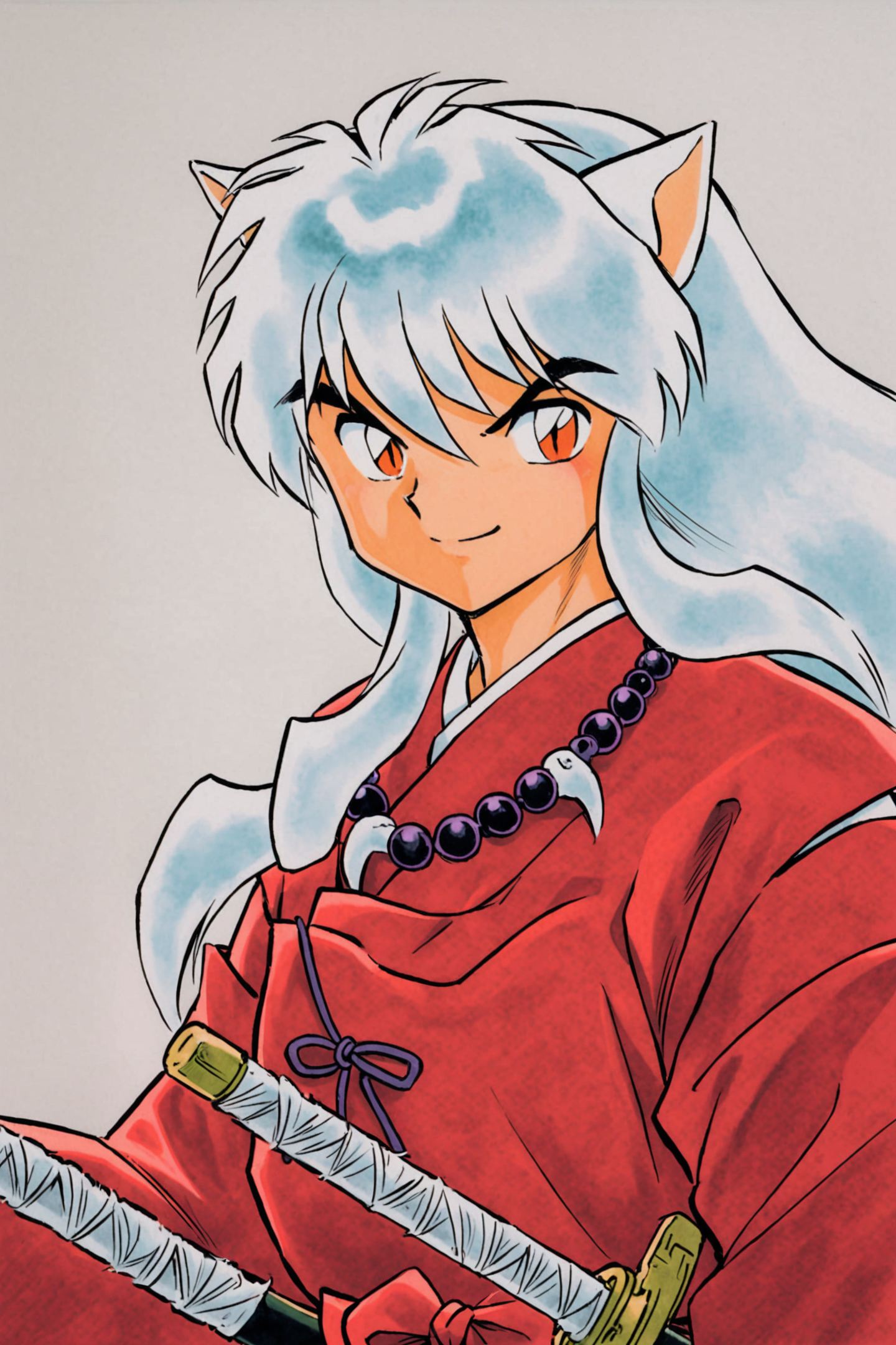 Inuyasha,1boy,animal ears,solo,male focus,long hair,white hair,sword,dog ears,red japanese clothes,jewelry,necklace,smile,white background,simple background,katana,wide sleeves,bead necklace,beads,traditional media,<lora:Takahashi Rumiko_XL:0.8>,