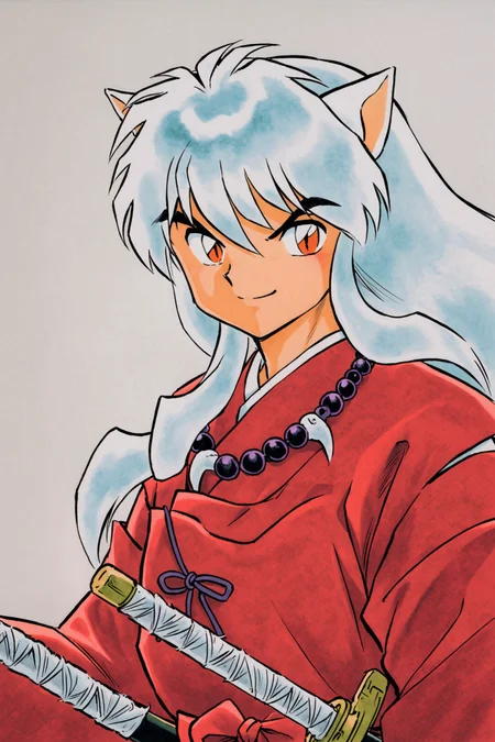 Inuyasha,1boy,animal ears,solo,male focus,long hair,white hair,sword,dog ears,red japanese clothes,jewelry,necklace,smile,white background,simple background,katana,wide sleeves,bead necklace,beads,traditional media,<lora:Takahashi Rumiko_XL:0.8>,