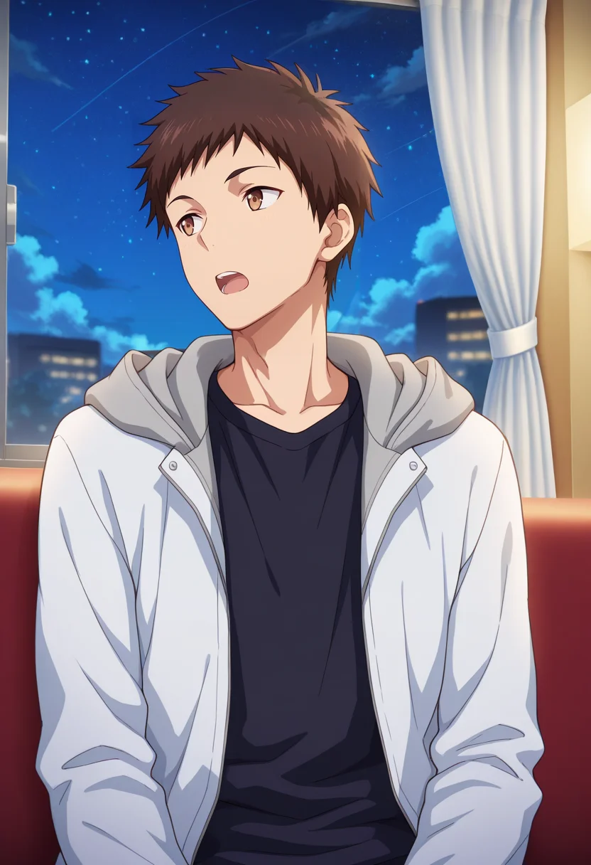 masterpiece, best quality, amazing quality,high resolution, intricate details,official style , , , 1boy, solo, male focus, <lora:Takeda:0.70>,takeda,brown hair,short hair,brown eyes, open mouth, shirt, sitting, jacket, upper body, teeth, sky, indoors, cloud, hood, black shirt, window, hoodie, night, curtains, star (sky), hooded jacket, night sky, looking outside