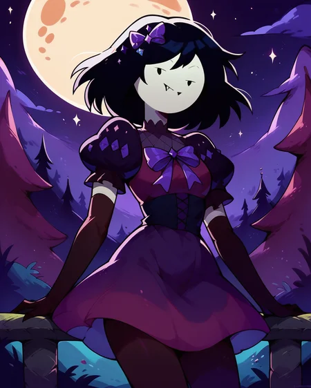 score_9, score_8_up, score_7_up, 1girl, solo, Marceline, no nose, oval eyes, medium hair, purple dress, bow, puffy short sleeves, purplestaroutfit, elbow gloves, leggings, hair ornament, smile, fang, looking at viewer, dynamic angle, outdoors, moon, <lora:Marceline_PDXL_V2:1>