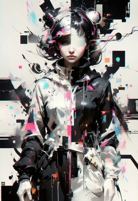 aidmaimageupgrader, female character at the center, split yin and yang aesthetic, perfect black and white division, glowing geometric patterns along the divide, glitchcore accents, fragmented symmetry, soft gradients blending light and dark edges, luminous holographic details, futuristic attire reflecting duality, ethereal glow from the split, digital distortion outlining the divide, abstract swirling shapes inspired by yin and yang, serene yet dynamic composition, balanced light and shadow interplay, glowing highlights along the split line, minimalistic yet harmonious atmosphere, subtle worn textures in the background, dreamlike split duality, contrasting yet unified, surreal digital harmony, quiet elegance,pscho_4rt