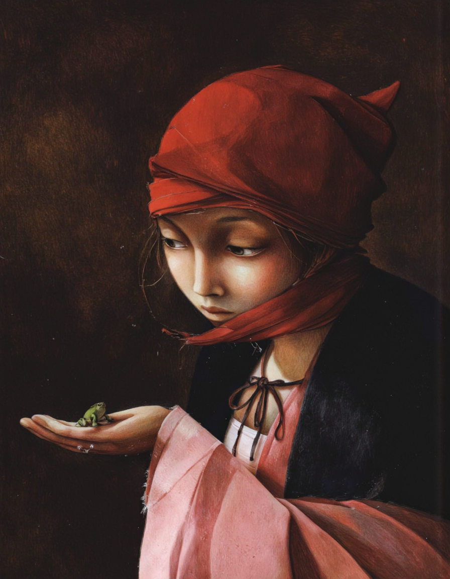 By Rébecca Dautremer. A digital illustration shoot from a profile camera angle about a young woman wearing a red hooded cloak, holding a small frog in her hands. the woman, who appears to be in her early twenties, is positioned in the middle of the image, with her upper body facing the viewer. she has a serious expression and is wearing a black and pink robe with a hood up, giving her a regal appearance. her hair is styled in a short, neat manner, and her eyes are closed, as if she is lost in thought. the frog, which is small and green, is perched on her palm, looking up at her with a curious expression. the background is dark and out of focus, creating a sense of depth and dimension. the image has a soft, warm color palette, with a focus on the woman's face and the frog.