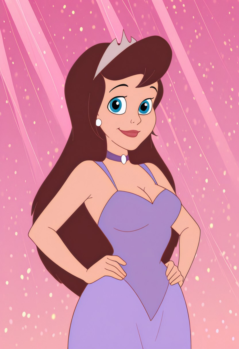 masterpiece, best quality, amazing quality, c14r4p, 1girl, brown hair, tiara, white earrings, purple choker, purple dress, hands on hips, looking at viewer, smile, cowboy shot, pink background, (colorful sparkles background, light rays:0.9),