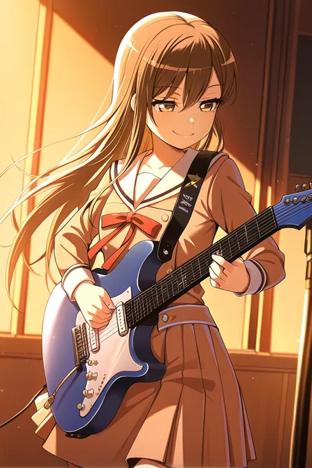 masterpiece, best quality, amazing quality,
 <lora:Tae_IL:1> tae, 1girl, instrument, solo, long hair, hanasakigawa school uniform, school uniform, guitar, smile, playing instrument, brown hair, brown dress, dress, bangs, long sleeves, holding, holding instrument, sailor dress, red ribbon, ribbon, neck ribbon, electric guitar, music,