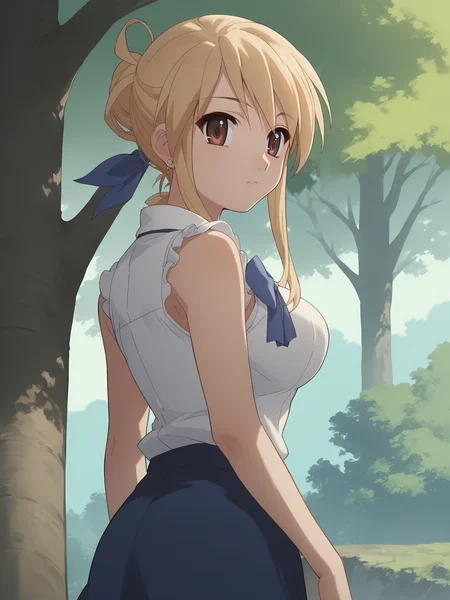score_9, score_8_up, score_7_up, score_6_up, score_5_up, source_anime, smooth_anime,
Lucy_Heartfilia, 1girl, solo, brown_eyes, blonde_hair, ribbon, hair_ribbon, looking_at_viewer, long_hair, outdoors, jewelry, earrings, breasts, looking_back, sleeveless, blue_ribbon, skirt, shirt, tree, large_breasts, sleeveless_shirt, blue_skirt, long_skirt, day
 <lora:Shakugan_No_Shana:1>
