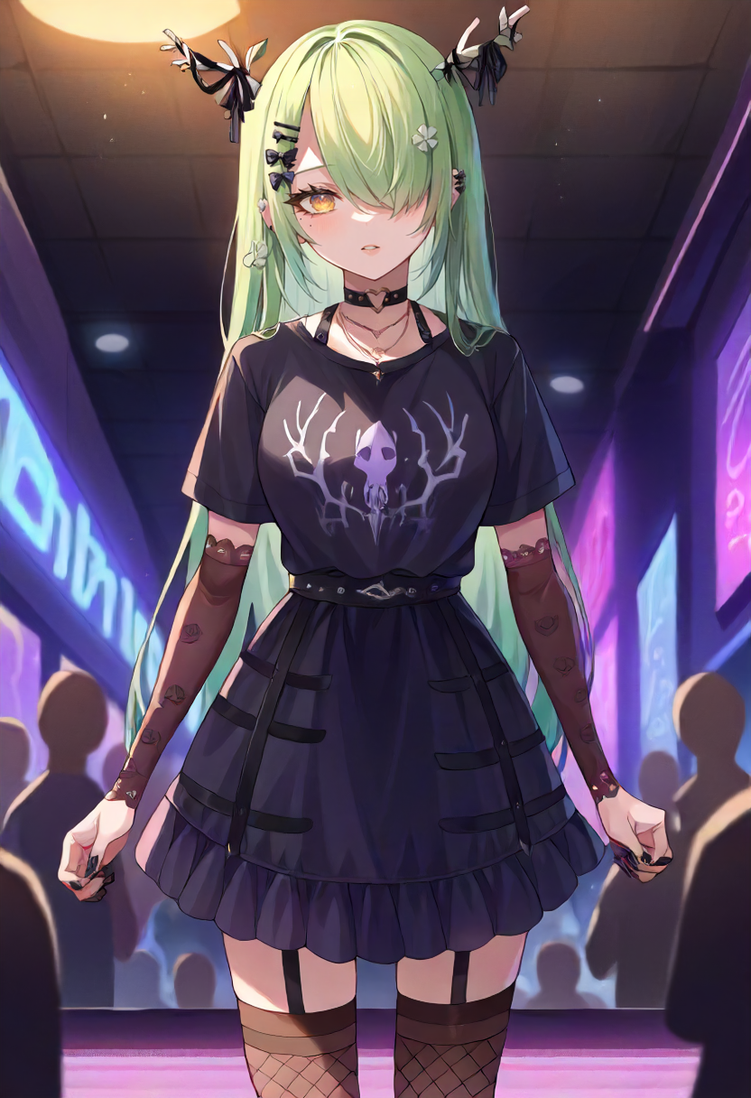 score_9, score_6_up, source_anime, 1girl, solo, nightclub, crowd, black theme, standing, fauna_goth, long hair, hair over one eye, antlers, black t-shirt, black dress, elbow gloves, fishnet thighhighs, black ribbon, heart choker, hairclip, black nails, mole under eye <lora:ceres_fauna_sdxl_pony:1>