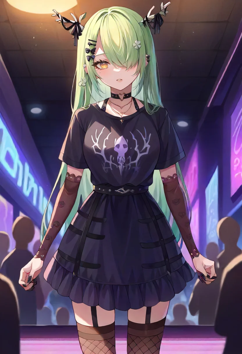 score_9, score_6_up, source_anime, 1girl, solo, nightclub, crowd, black theme, standing, fauna_goth, long hair, hair over one eye, antlers, black t-shirt, black dress, elbow gloves, fishnet thighhighs, black ribbon, heart choker, hairclip, black nails, mole under eye <lora:ceres_fauna_sdxl_pony:1>